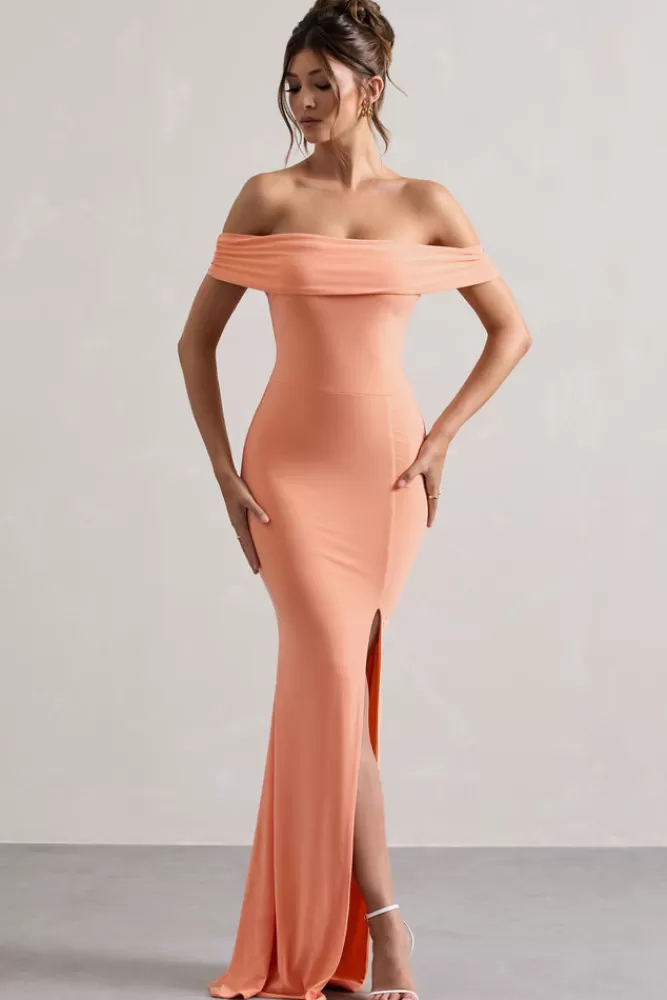 Club L London Law of Attraction | Bardot Draped Split Maxi Dress CORAL Best Sale