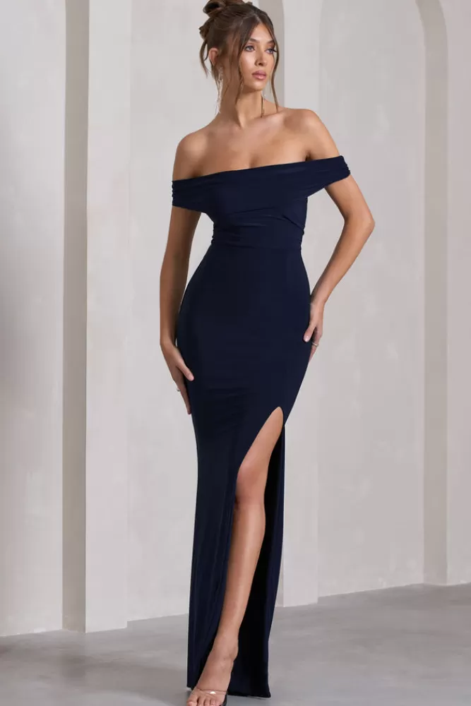 Club L London Law of Attraction | Bardot Draped Split Maxi Dress NAVY Store