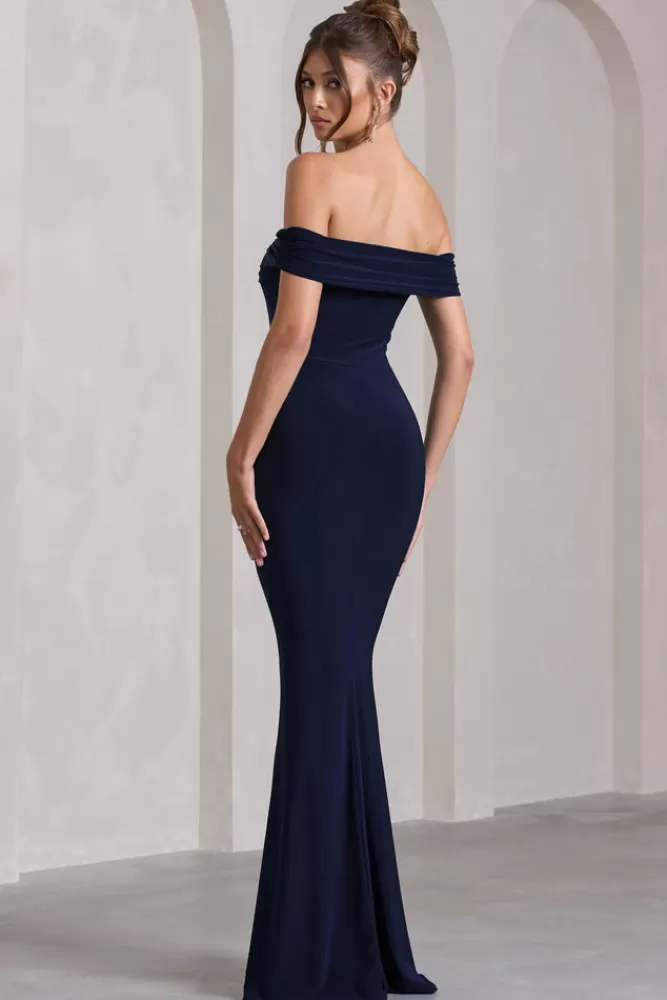 Club L London Law of Attraction | Bardot Draped Split Maxi Dress NAVY Store