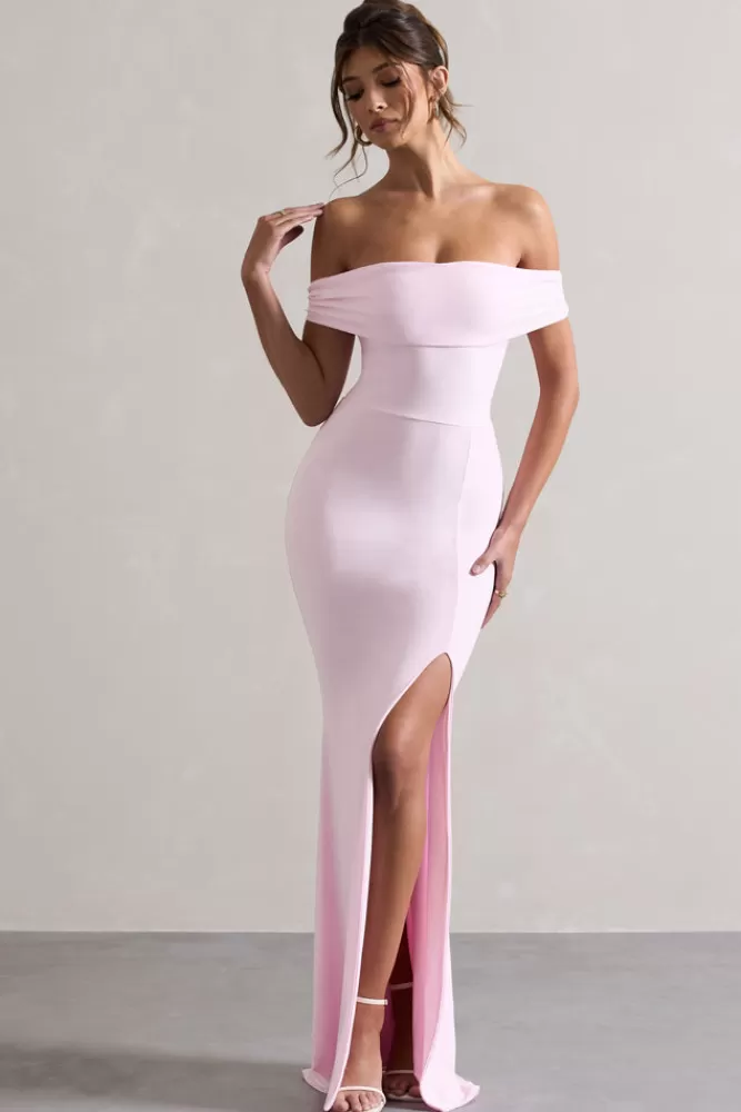 Club L London Law of Attraction | Bardot Draped Split Maxi Dress PINK Hot