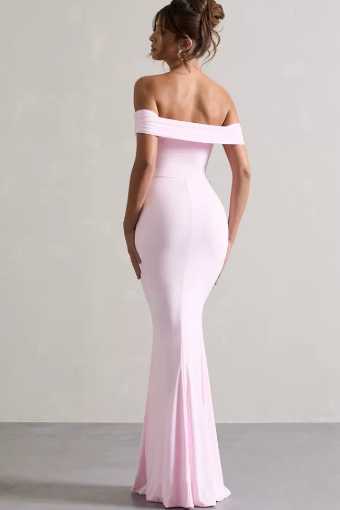 Club L London Law of Attraction | Bardot Draped Split Maxi Dress PINK Hot