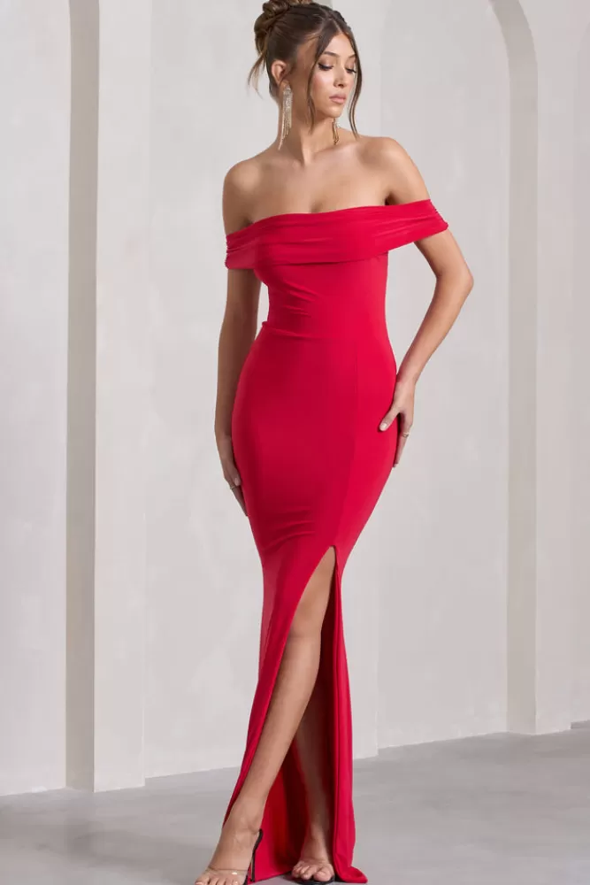 Club L London Law of Attraction | Bardot Draped Split Maxi Dress RED Sale