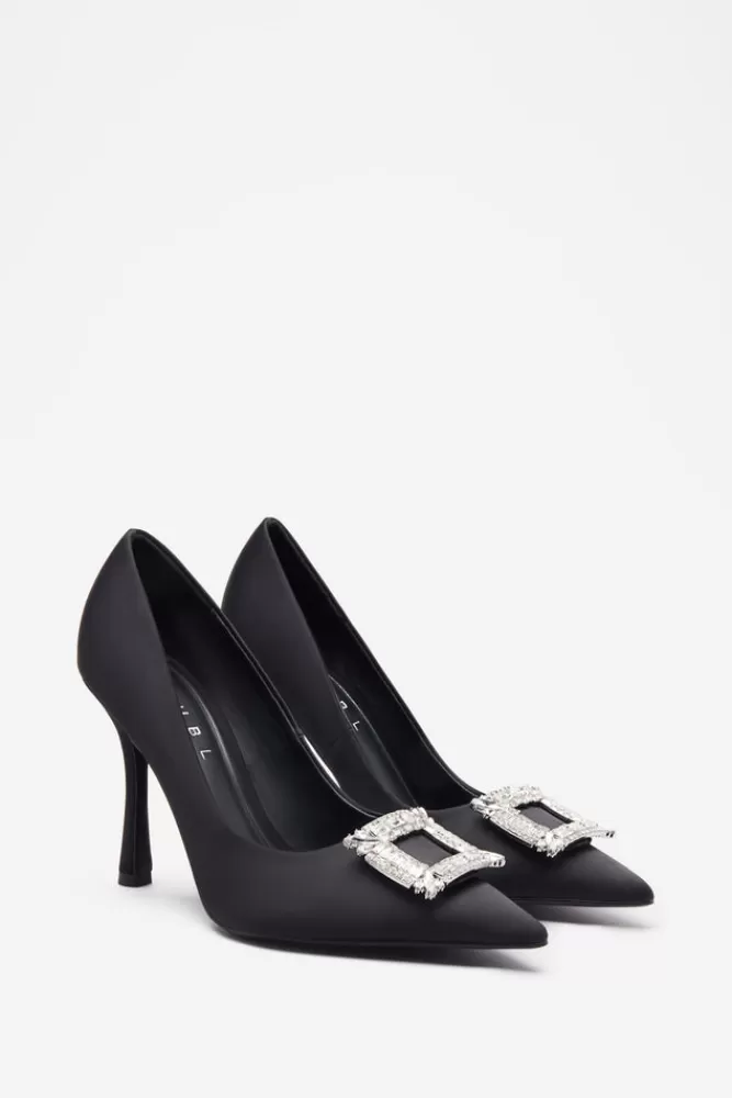 Club L London Lawless | Satin Pointed Court Heels With Diamante Brooches BLACK Best Sale