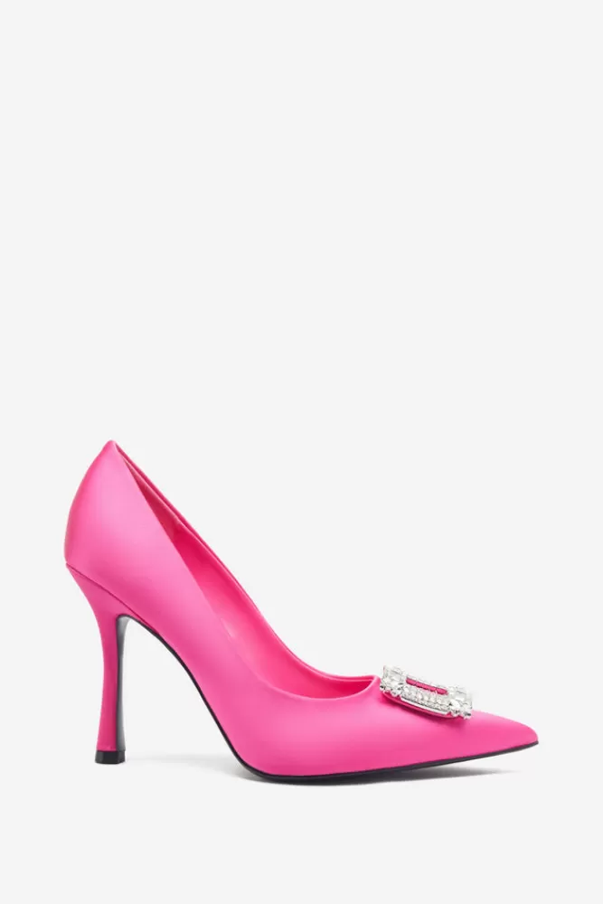 Club L London Lawless | Hot Pink Satin Pointed Court Heels With Diamante Brooches HOTPINKSATIN Clearance