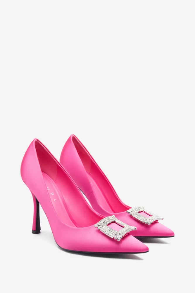 Club L London Lawless | Hot Pink Satin Pointed Court Heels With Diamante Brooches HOTPINKSATIN Clearance