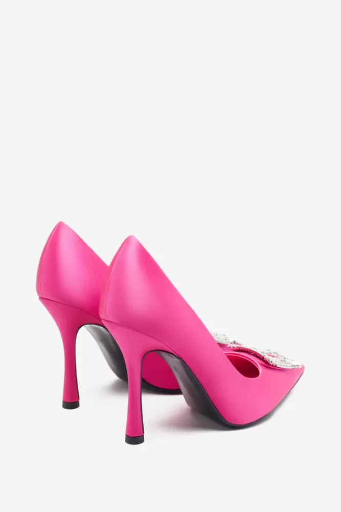 Club L London Lawless | Hot Pink Satin Pointed Court Heels With Diamante Brooches HOTPINKSATIN Clearance