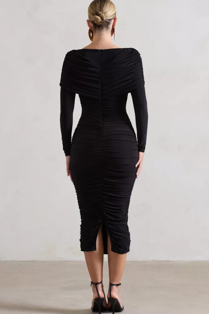 Club L London Lea | Long Sleeve Ruched Midi Dress with Draped Bardot Overlay BLACK Fashion