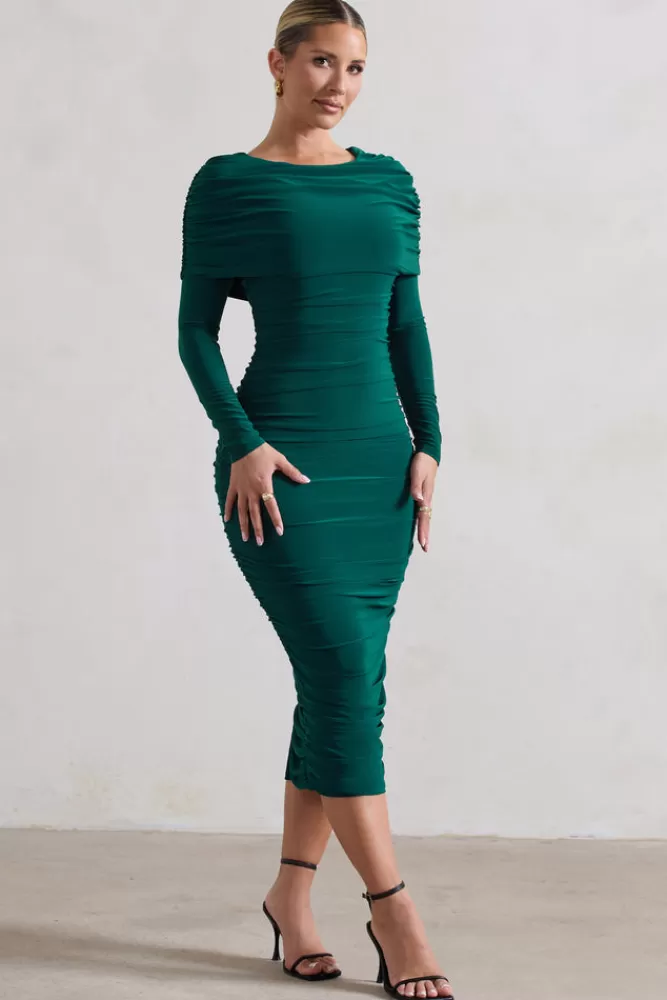 Club L London Lea | Bottle Green Long Sleeve Ruched Midi Dress with Draped Bardot Overlay BOTTLEGREEN New