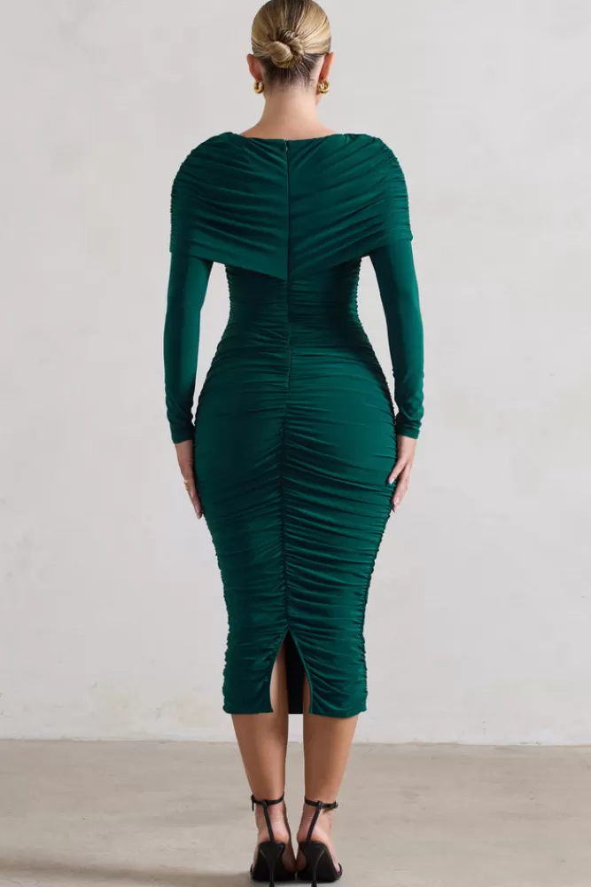 Club L London Lea | Bottle Green Long Sleeve Ruched Midi Dress with Draped Bardot Overlay BOTTLEGREEN New