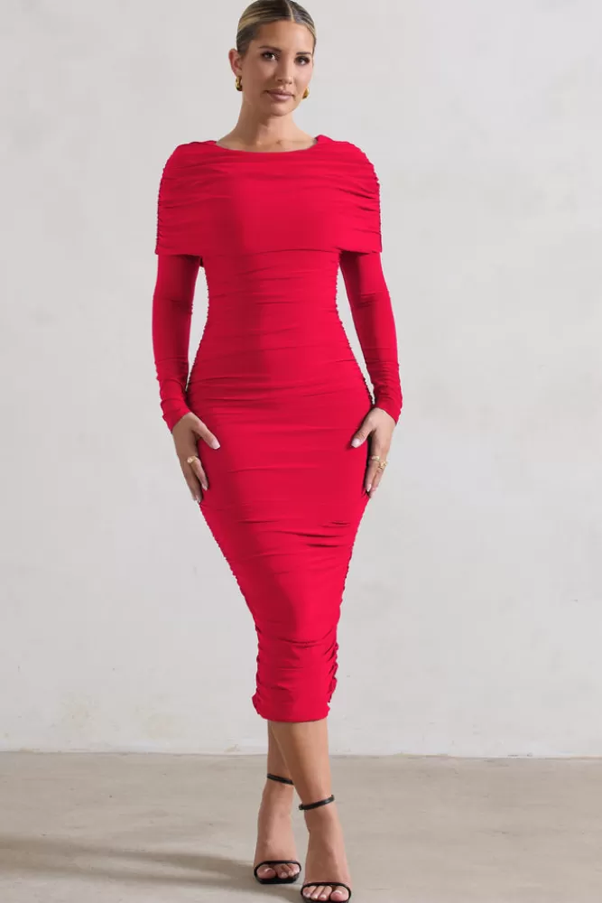 Club L London Lea | Long Sleeve Ruched Midi Dress with Draped Bardot Overlay RED Outlet