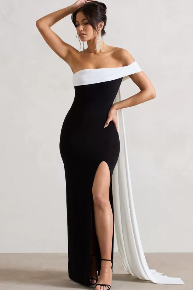 Club L London Legacy | u0026 White Bardot Split Maxi Dress With Drape BLACK Cheap
