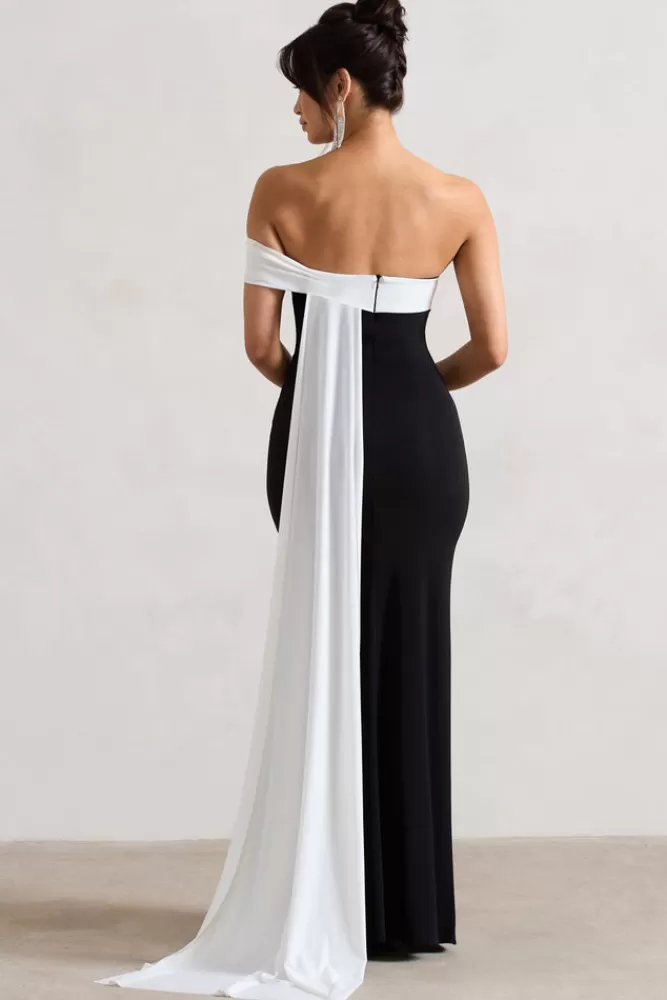 Club L London Legacy | u0026 White Bardot Split Maxi Dress With Drape BLACK Cheap