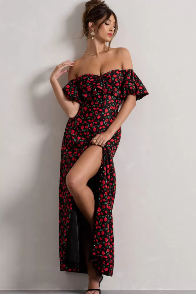 Club L London Lenna | Black u0026 Red Floral Bardot Buttoned Split Maxi Dress BLACKBASEDITSY Online