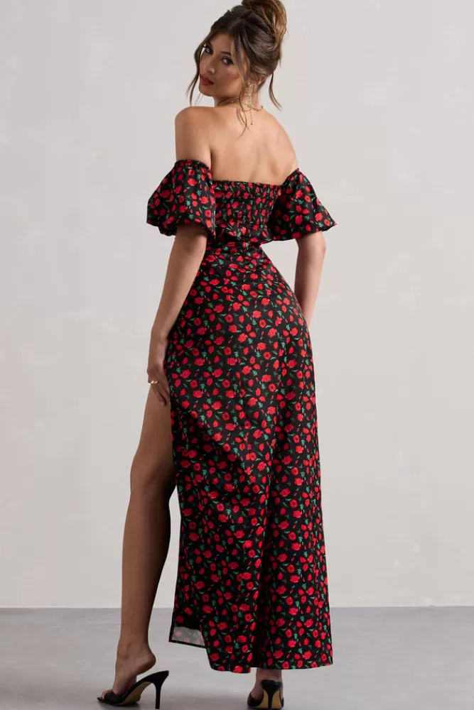 Club L London Lenna | Black u0026 Red Floral Bardot Buttoned Split Maxi Dress BLACKBASEDITSY Online