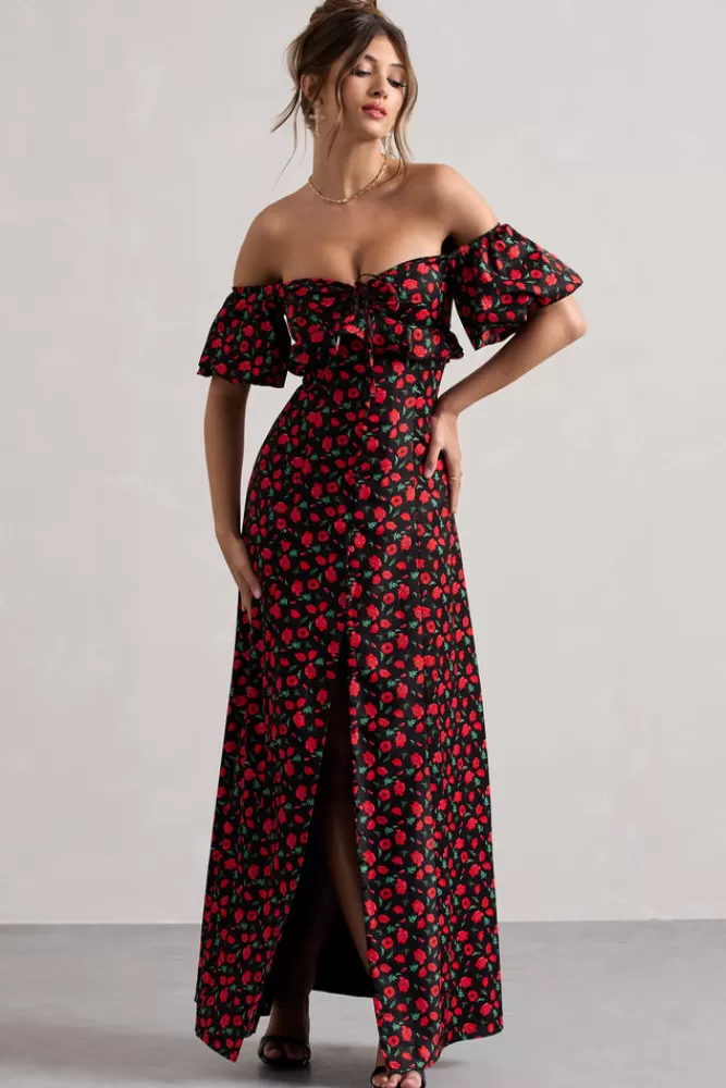 Club L London Lenna | Black u0026 Red Floral Bardot Buttoned Split Maxi Dress BLACKBASEDITSY Online