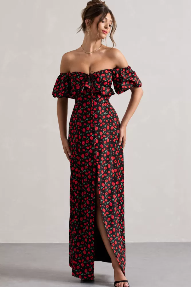 Club L London Lenna | Black u0026 Red Floral Bardot Buttoned Split Maxi Dress BLACKBASEDITSY Online