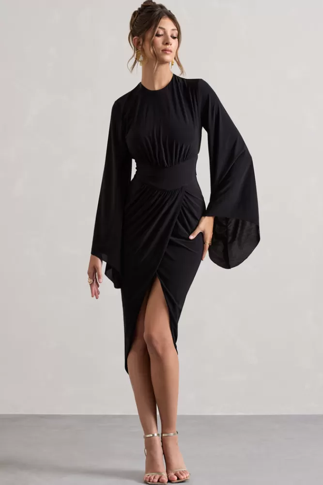 Club L London Lennox | Drape-Sleeve Gathered Midi Dress BLACK Shop