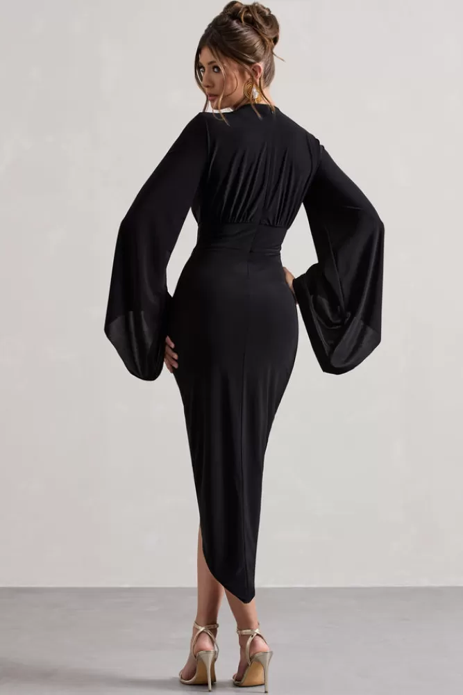Club L London Lennox | Drape-Sleeve Gathered Midi Dress BLACK Shop