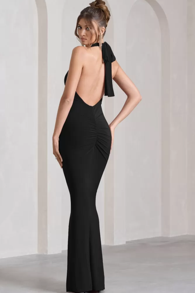 Club L London Leonie | Halter-Neck Split Maxi Dress With Wrap Detail BLACK Cheap