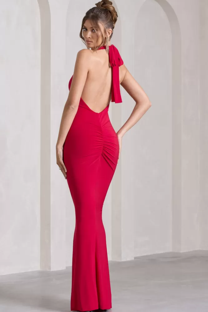 Club L London Leonie | Halter-Neck Split Maxi Dress With Wrap Detail RED Cheap