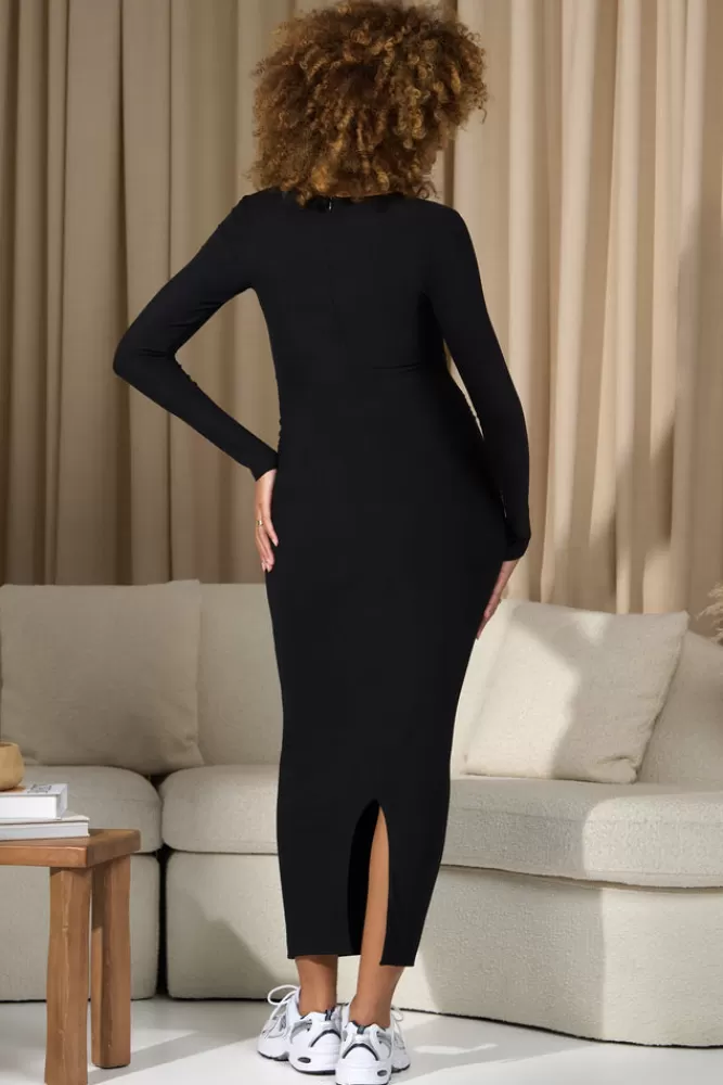 Club L London Leonora | Square-Neck Long-Sleeve Split Maternity Midi Dress BLACK Discount