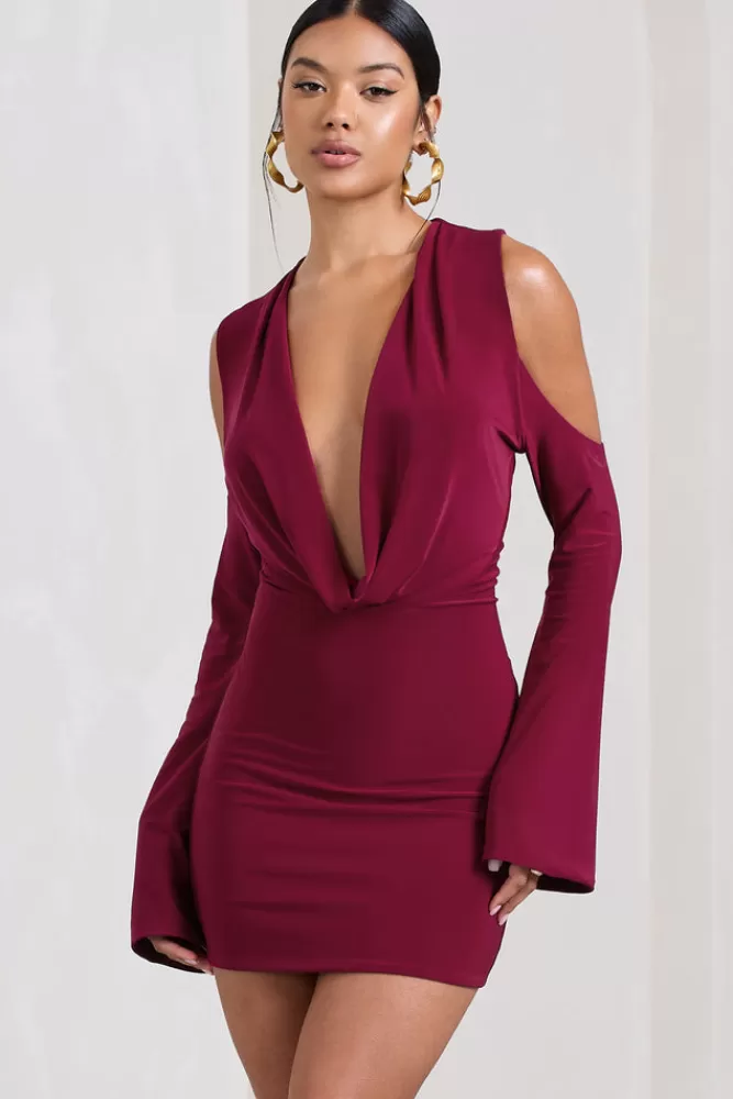 Club L London Let's Escape | Berry Cowl-Neck Cut-Out Long-Sleeved Mini Dress DARKCHERRY Shop