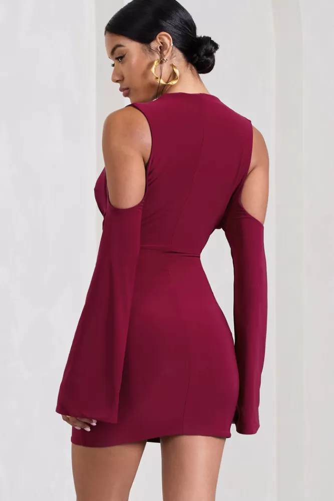 Club L London Let's Escape | Berry Cowl-Neck Cut-Out Long-Sleeved Mini Dress DARKCHERRY Shop