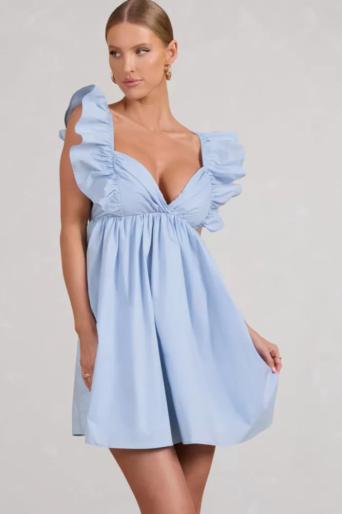 Club L London Let's Laze | Blue Poplin Smocked Mini Dress With Frilled Straps CORNFLOWERBLUE Best Sale