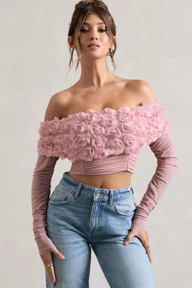 Club L London Libbie | Mesh Floral Bardot Top PINK New