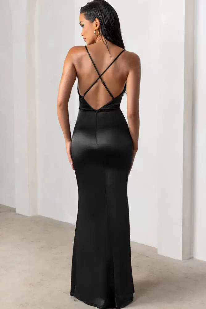 Club L London Lifetime | Satin Cowl Neck Maxi Dress With Cross Back Detail BLACK Sale