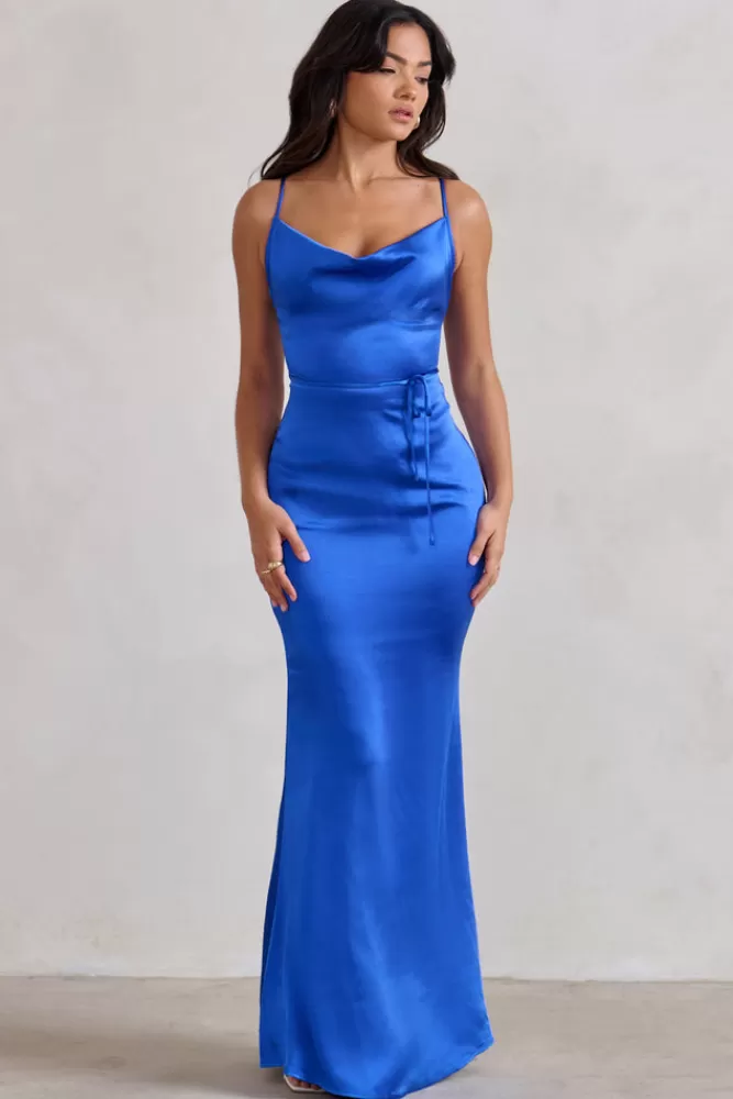 Club L London Lifetime | Cobalt Satin Cowl Neck Maxi Dress With Cross Back Detail BLUE Outlet