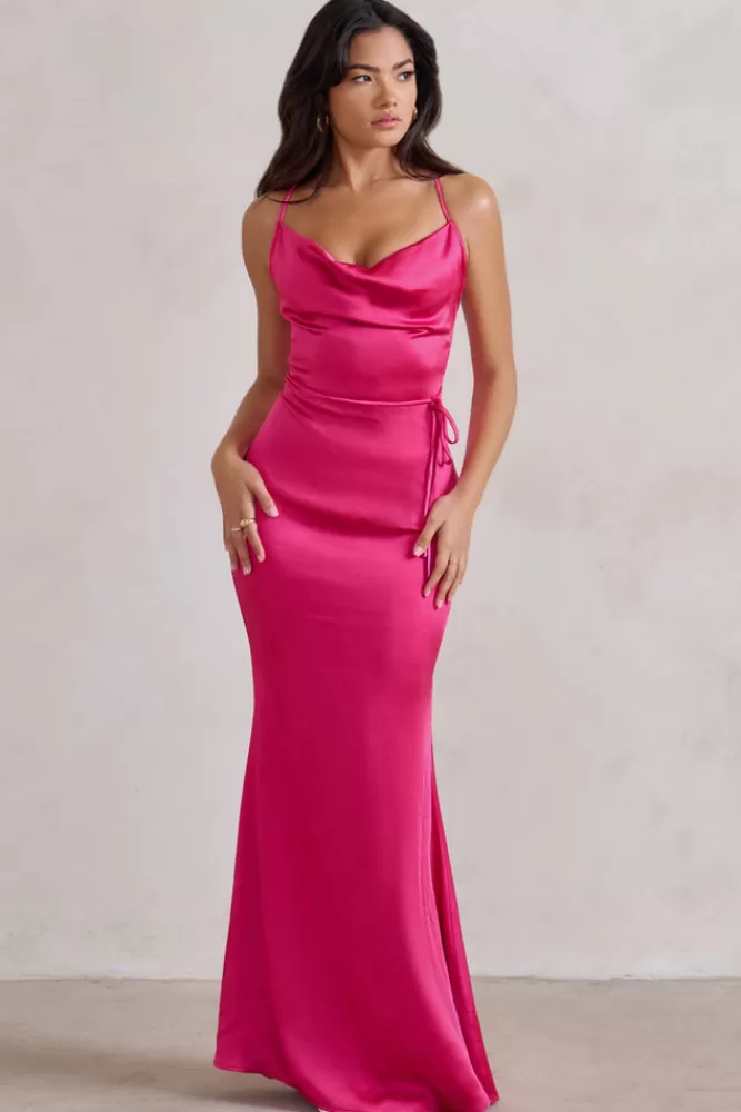 Club L London Lifetime | Fuchsia Pink Satin Cowl Neck Maxi Dress With Cross Back Detail FUCHSIAPINK Discount