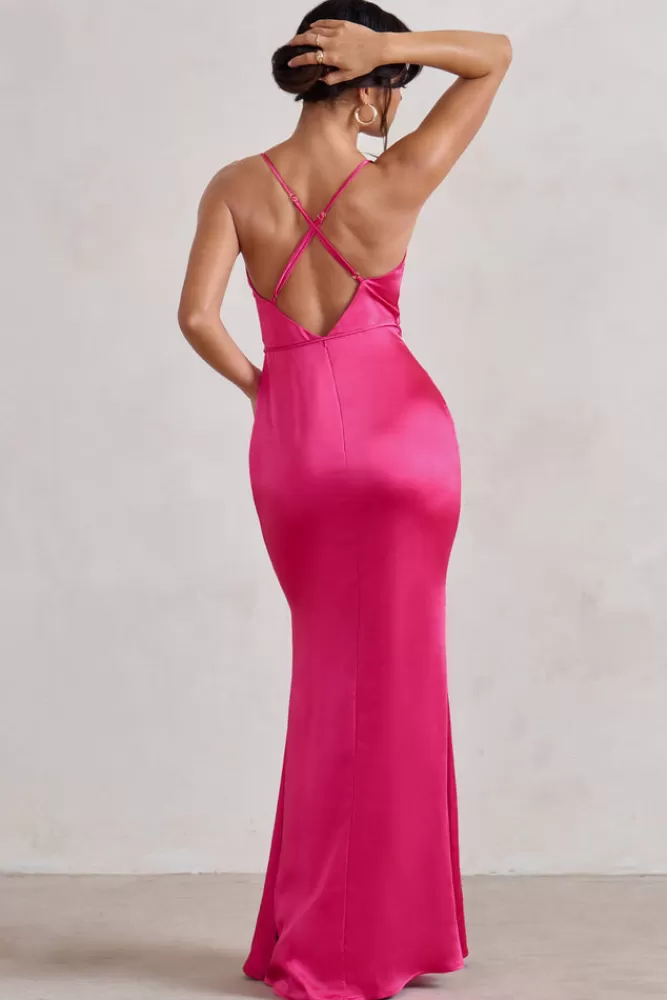 Club L London Lifetime | Fuchsia Pink Satin Cowl Neck Maxi Dress With Cross Back Detail FUCHSIAPINK Discount