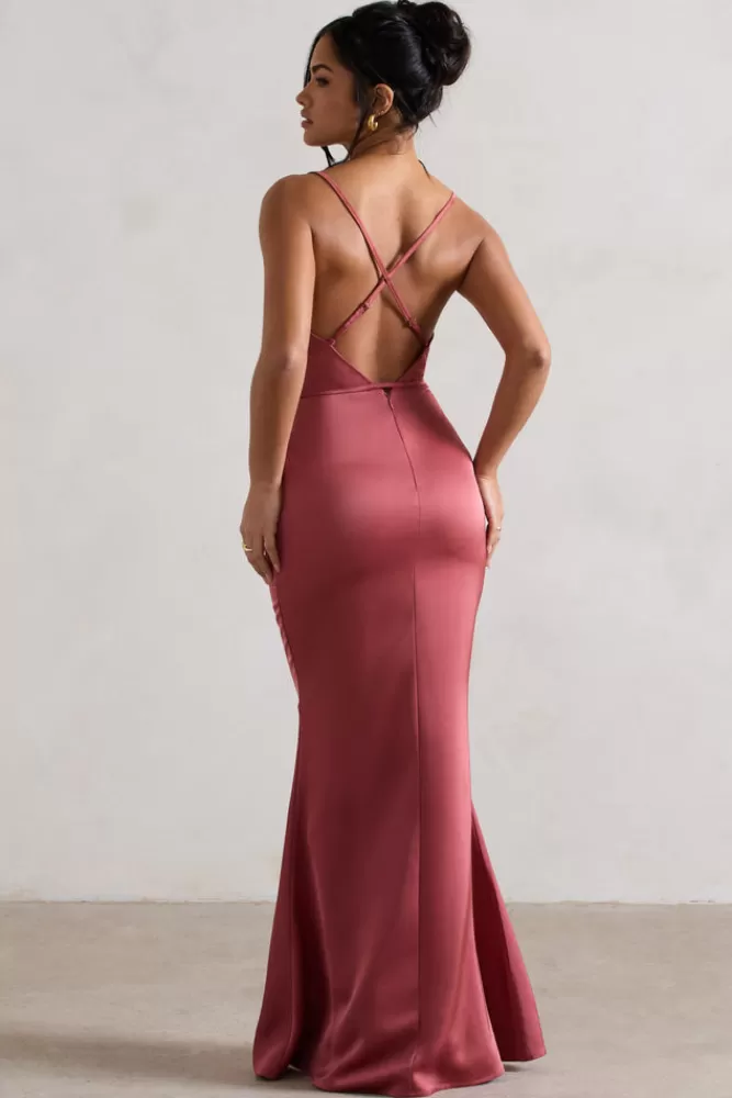 Club L London Lifetime | Rose Pink Satin Cowl Neck Maxi Dress With Cross Back Detail ROSEWOOD New