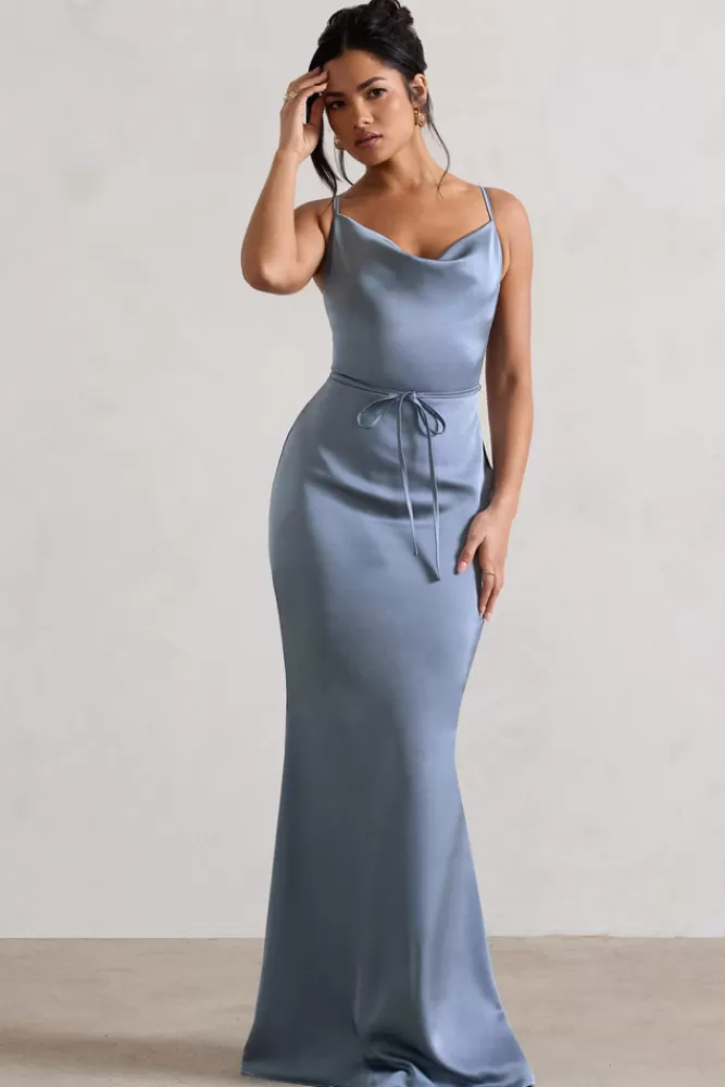 Club L London Lifetime | Slate Blue Satin Cowl Neck Maxi Dress With Cross Back Detail SLATEBLUE Fashion