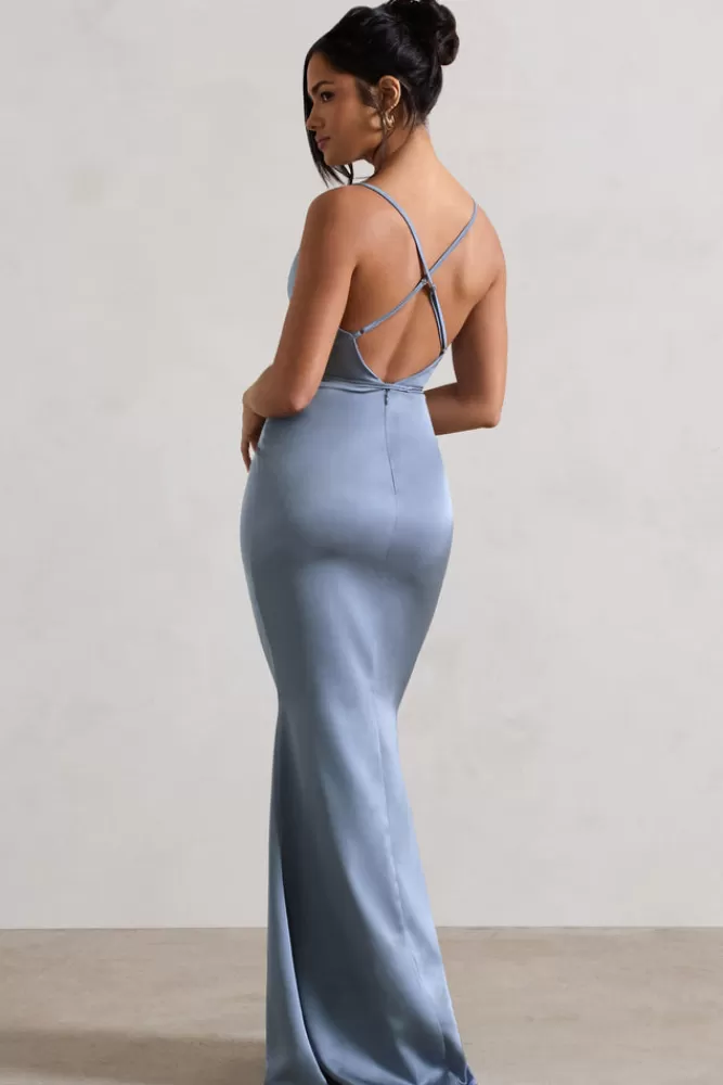 Club L London Lifetime | Slate Blue Satin Cowl Neck Maxi Dress With Cross Back Detail SLATEBLUE Fashion