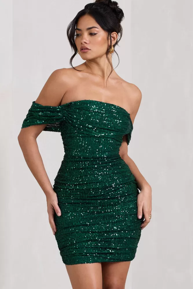 Club L London Light Up | Sequin Bardot Mini Dress With Drape Detail GREEN Shop