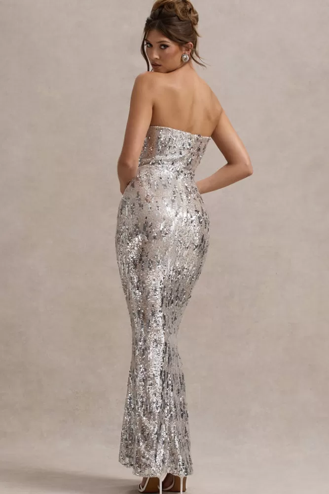 Club L London Like Magic | Sequin Bandeau Maxi Dress SILVER Sale