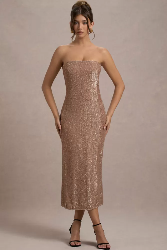 Club L London Lilabelle | Rose Gold Plisse Sequin Bandeau Midi Dress ROSEGOLD Clearance