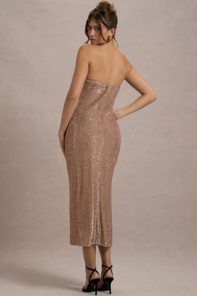 Club L London Lilabelle | Rose Gold Plisse Sequin Bandeau Midi Dress ROSEGOLD Clearance