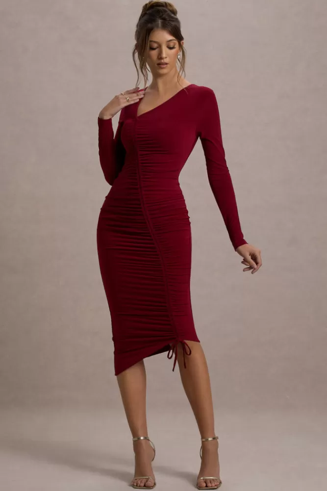 Club L London Lilia | Ruched Asymmetric Midi Dress BERRY Clearance