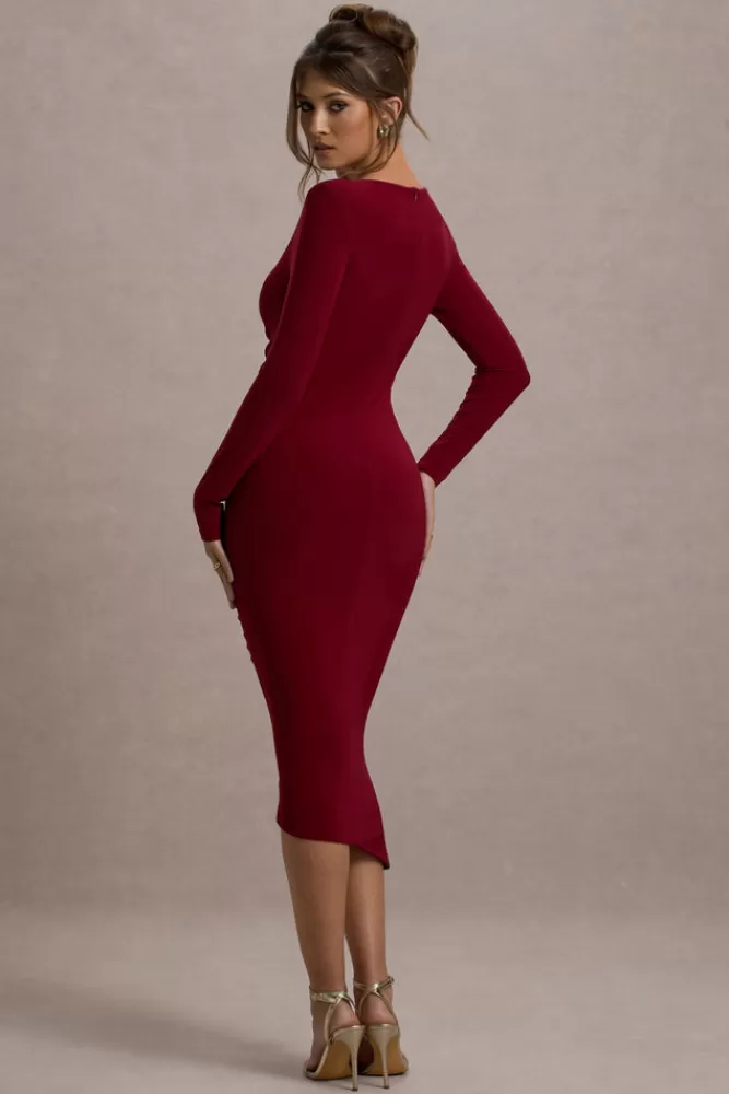 Club L London Lilia | Ruched Asymmetric Midi Dress BERRY Clearance