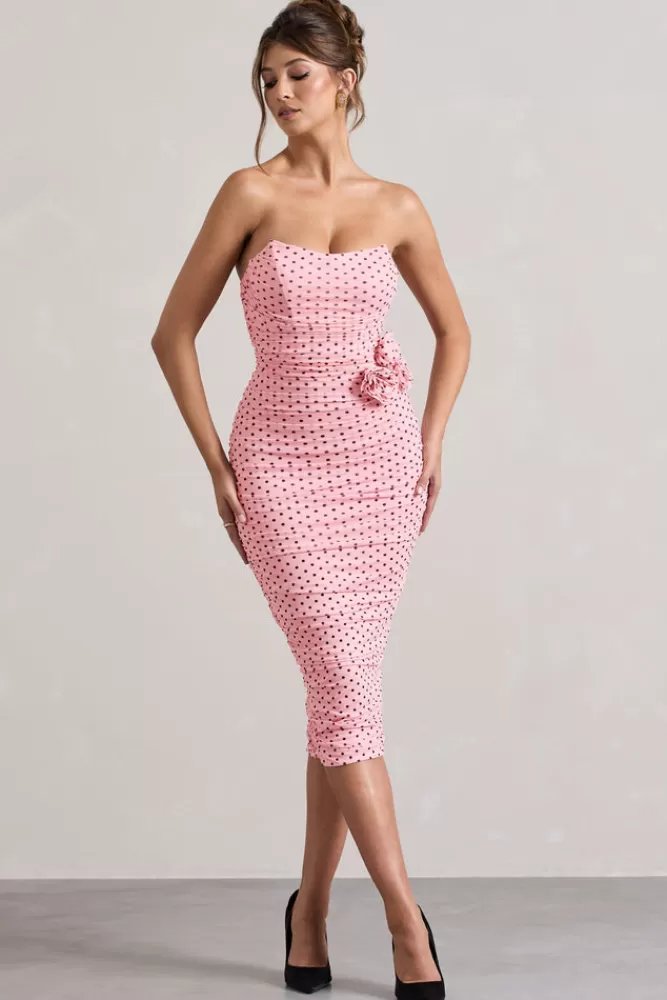 Club L London Lille | Pink Polka Dot Ruched Mesh Strapless Midi Dress With Corsage POLKADOT Shop