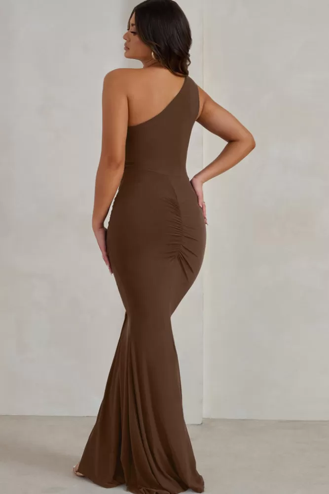 Club L London Lilou | One Shoulder Wrap Skirt Maxi Dress CHOCOLATE Sale