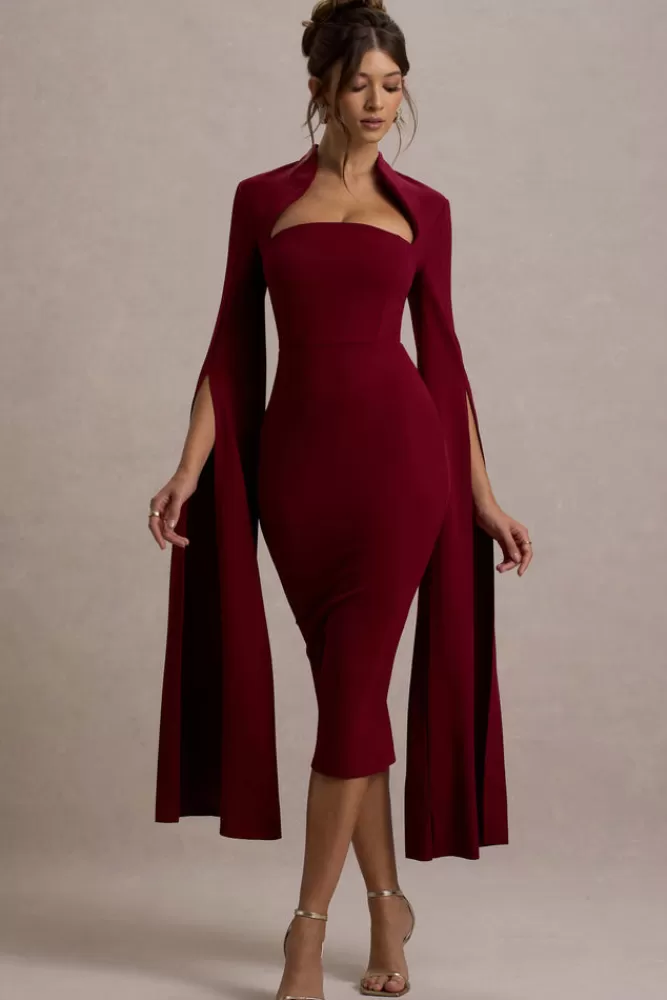 Club L London Linden | Bodycon Cape-Sleeve Midi Dress BERRY Shop