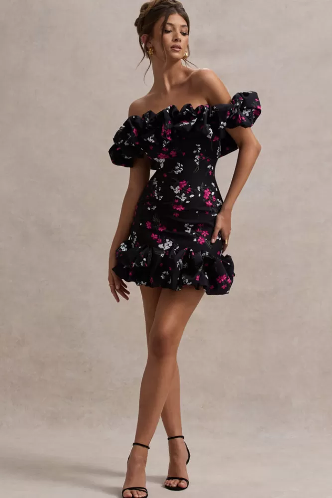 Club L London Lindo | Black Ditsy Floral Print Ruffled Bardot Mini Dress FLORALPRINT Shop