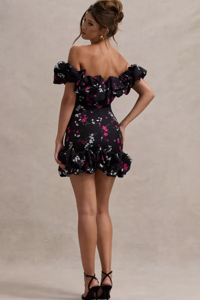 Club L London Lindo | Black Ditsy Floral Print Ruffled Bardot Mini Dress FLORALPRINT Shop