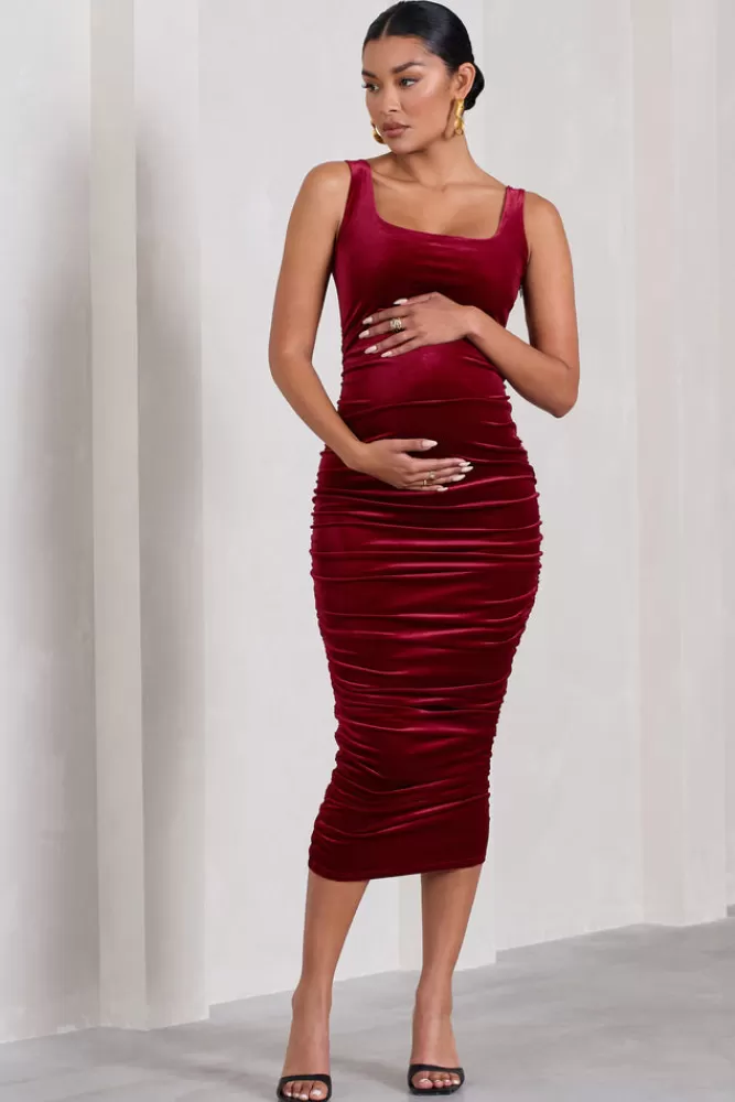 Club L London Lisbon | Velvet Maternity Square Neck Ruched Midi Dress BERRY Cheap