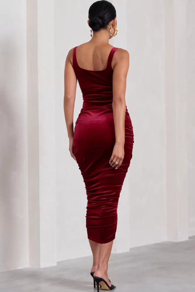 Club L London Lisbon | Velvet Maternity Square Neck Ruched Midi Dress BERRY Cheap