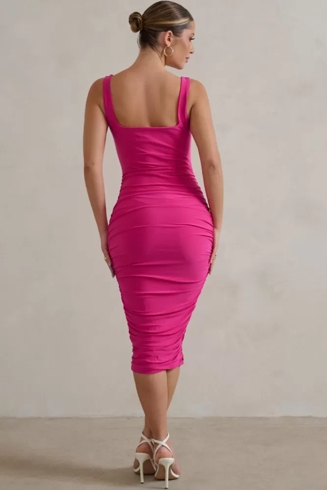 Club L London Lisbon | Hot Pink Square Neck Ruched Midi Dress HOTPINK Online